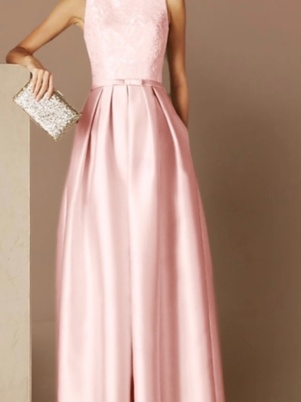 Sleeveless Pink & Cream Lace Maxi Dress with Satin Pleated Skirt